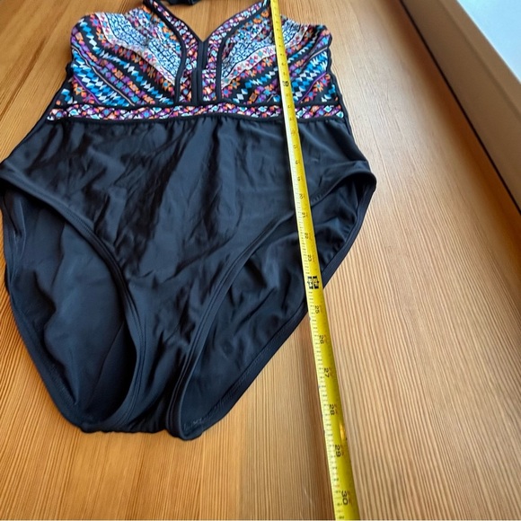 Aqua Green XL black geometric print tie neck one piece halter swimsuit - Picture 7 of 12